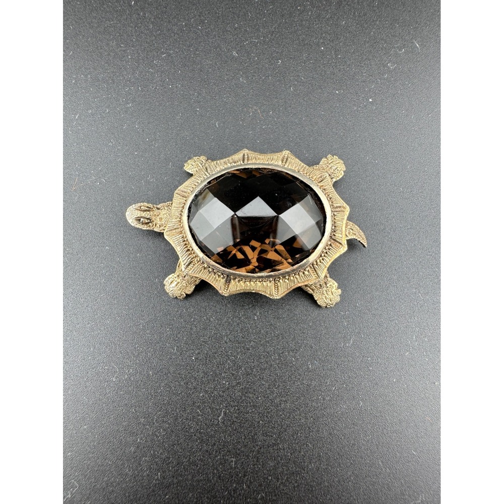 Vintage 1950s Japanese Sterling Silver Turtle Brooch Smokey Quartz Glass Pin